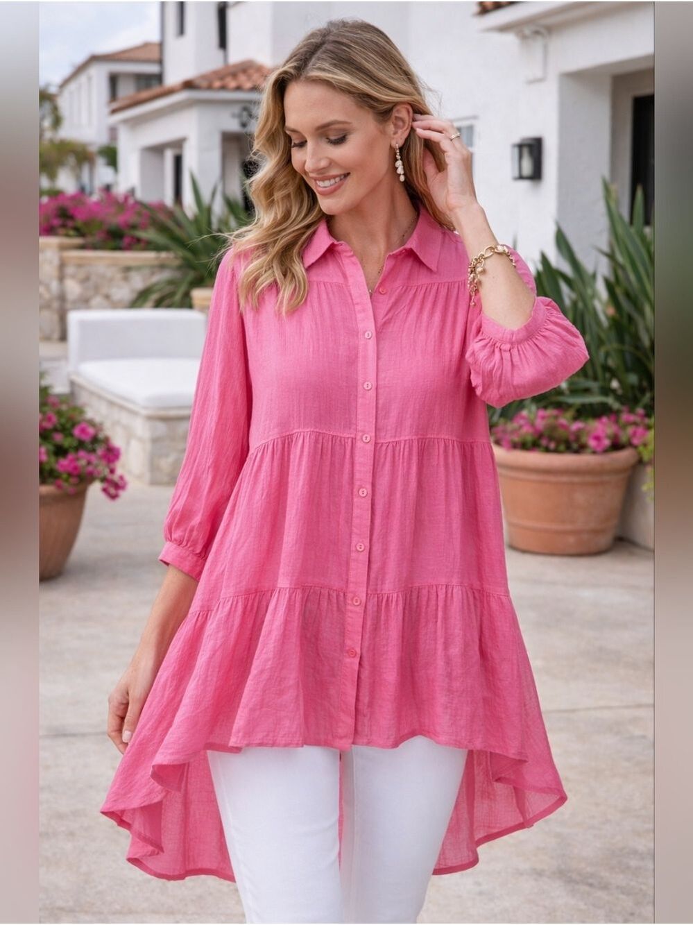 Umgee Hot Pink High-Low Tiered Tunic Blouse Small Flowy Babydoll Boho